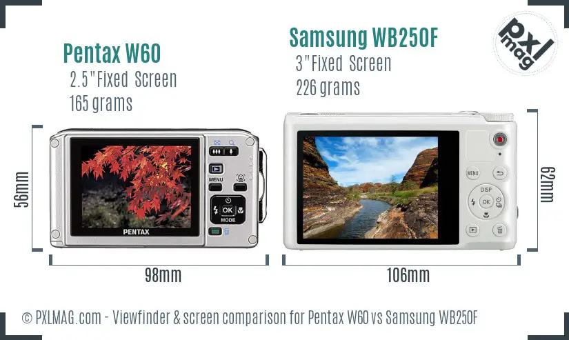 Pentax W60 vs Samsung WB250F Screen and Viewfinder comparison