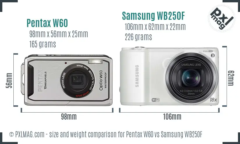 Pentax W60 vs Samsung WB250F size comparison