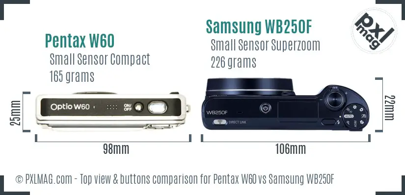 Pentax W60 vs Samsung WB250F top view buttons comparison