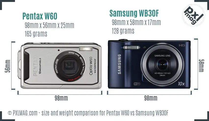Pentax W60 vs Samsung WB30F size comparison Pentax W60 vs Samsung WB30F size comparison