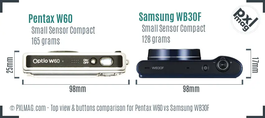 Pentax W60 vs Samsung WB30F top view buttons comparison Pentax W60 vs Samsung WB30F top view buttons comparison