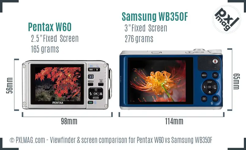 Pentax W60 vs Samsung WB350F Screen and Viewfinder comparison Pentax W60 vs Samsung WB350F Screen and Viewfinder comparison