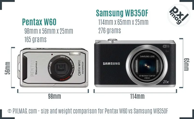 Pentax W60 vs Samsung WB350F size comparison Pentax W60 vs Samsung WB350F size comparison