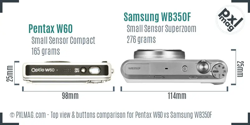 Pentax W60 vs Samsung WB350F top view buttons comparison Pentax W60 vs Samsung WB350F top view buttons comparison