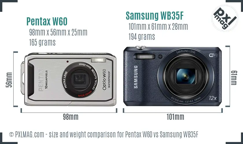 Pentax W60 vs Samsung WB35F size comparison