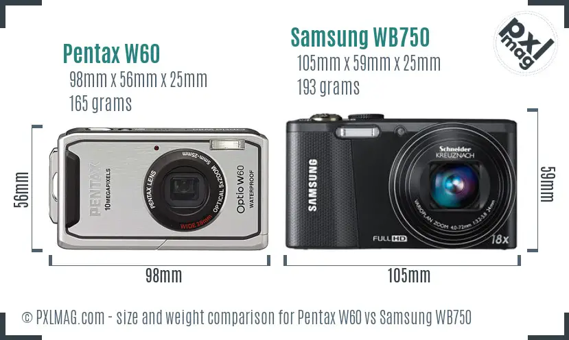 Pentax W60 vs Samsung WB750 size comparison Pentax W60 vs Samsung WB750 size comparison