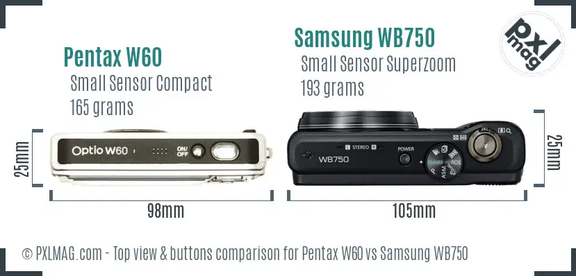 Pentax W60 vs Samsung WB750 top view buttons comparison Pentax W60 vs Samsung WB750 top view buttons comparison