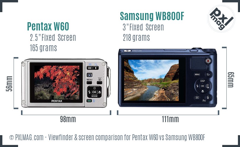 Pentax W60 vs Samsung WB800F Screen and Viewfinder comparison