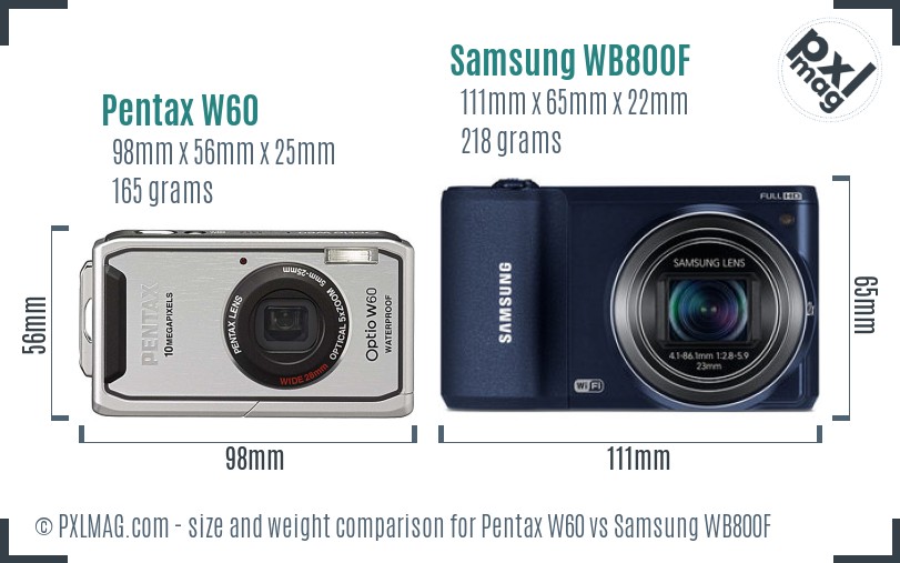 Pentax W60 vs Samsung WB800F size comparison Pentax W60 vs Samsung WB800F size comparison