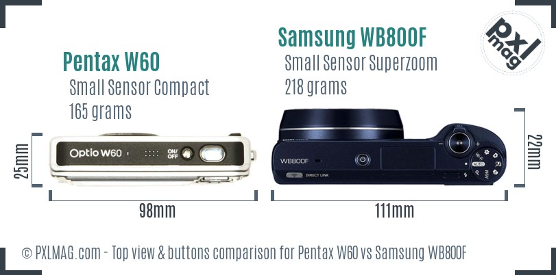 Pentax W60 vs Samsung WB800F top view buttons comparison