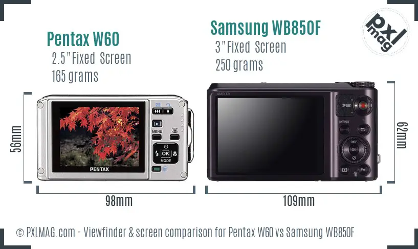 Pentax W60 vs Samsung WB850F Screen and Viewfinder comparison