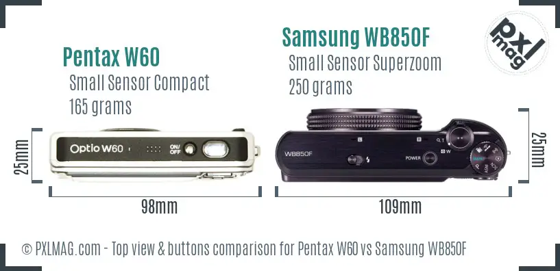 Pentax W60 vs Samsung WB850F top view buttons comparison