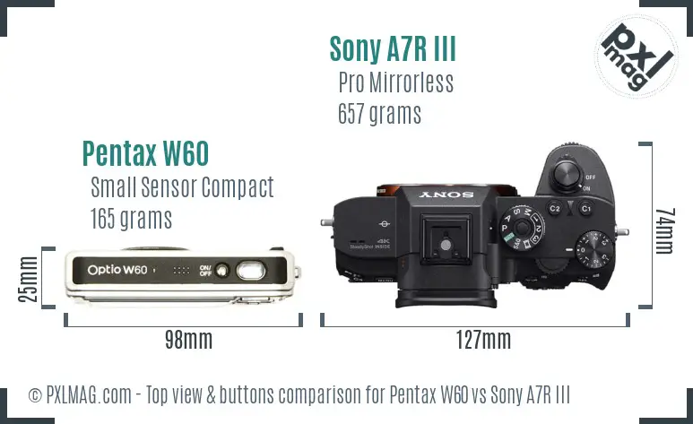 Pentax W60 vs Sony A7R III top view buttons comparison Pentax W60 vs Sony A7R III top view buttons comparison
