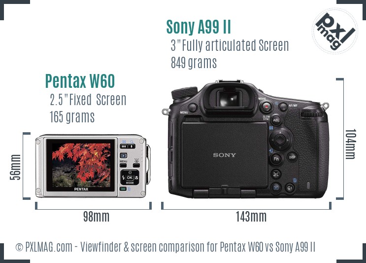 Pentax W60 vs Sony A99 II Screen and Viewfinder comparison