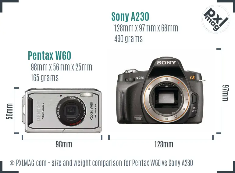 Pentax W60 vs Sony A230 size comparison