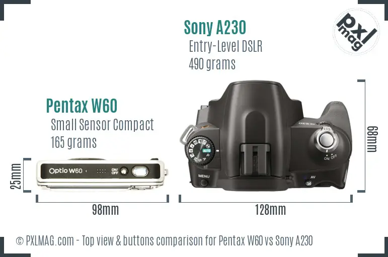 Pentax W60 vs Sony A230 top view buttons comparison