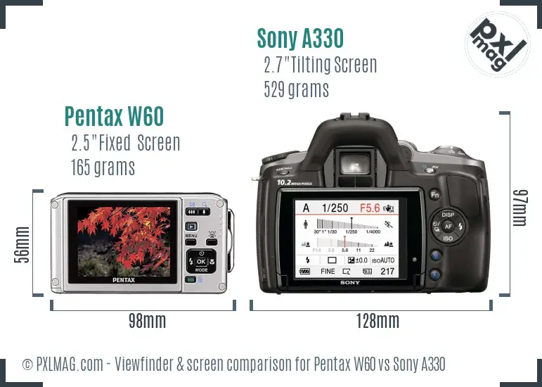 Pentax W60 vs Sony A330 Screen and Viewfinder comparison