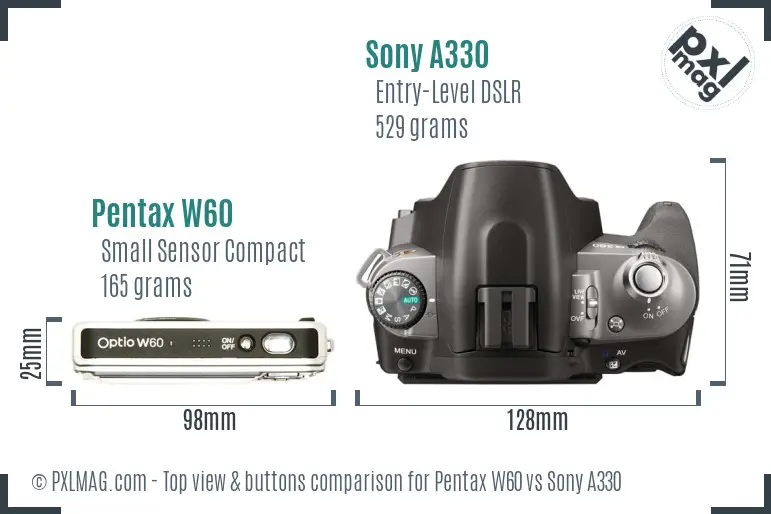 Pentax W60 vs Sony A330 top view buttons comparison
