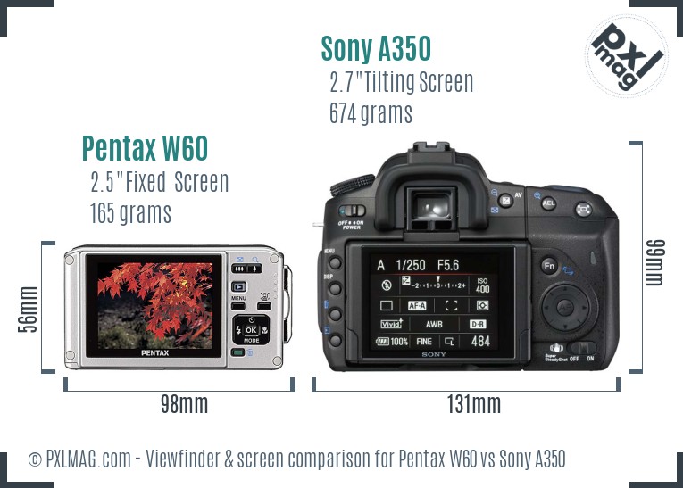 Pentax W60 vs Sony A350 Screen and Viewfinder comparison