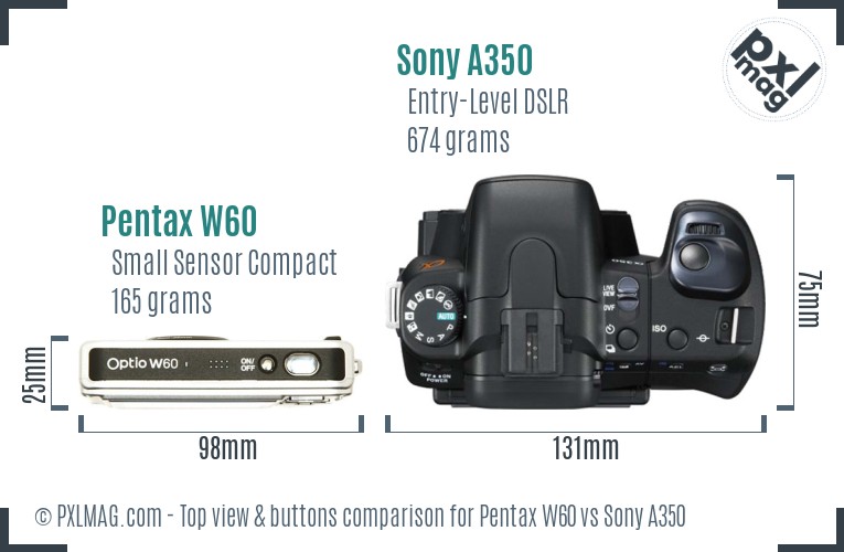 Pentax W60 vs Sony A350 top view buttons comparison