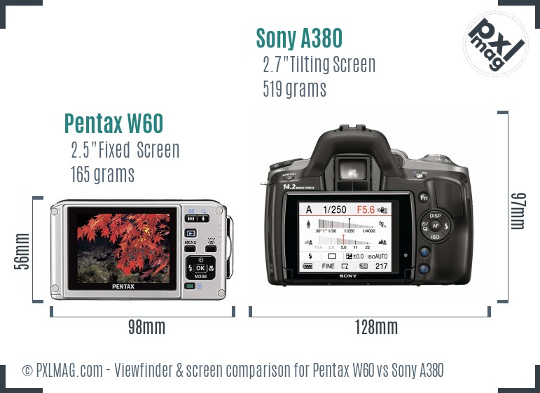 Pentax W60 vs Sony A380 Screen and Viewfinder comparison