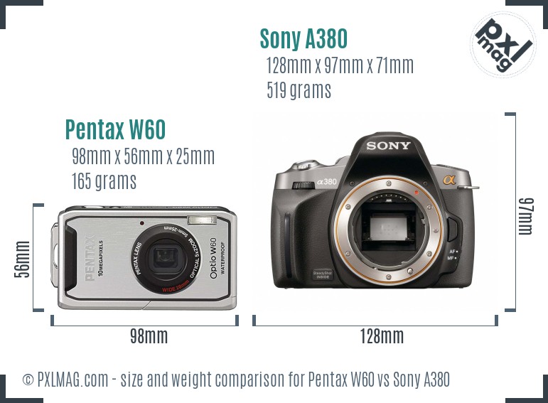 Pentax W60 vs Sony A380 size comparison