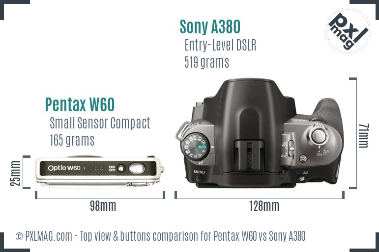 Pentax W60 vs Sony A380 top view buttons comparison