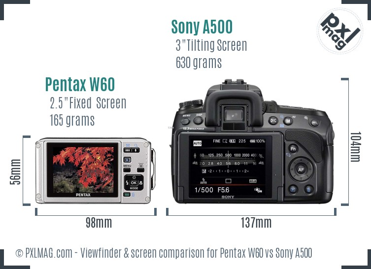 Pentax W60 vs Sony A500 Screen and Viewfinder comparison