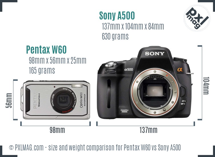 Pentax W60 vs Sony A500 size comparison