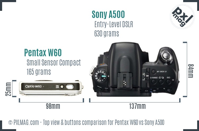 Pentax W60 vs Sony A500 top view buttons comparison