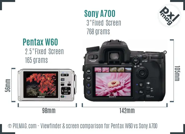 Pentax W60 vs Sony A700 Screen and Viewfinder comparison
