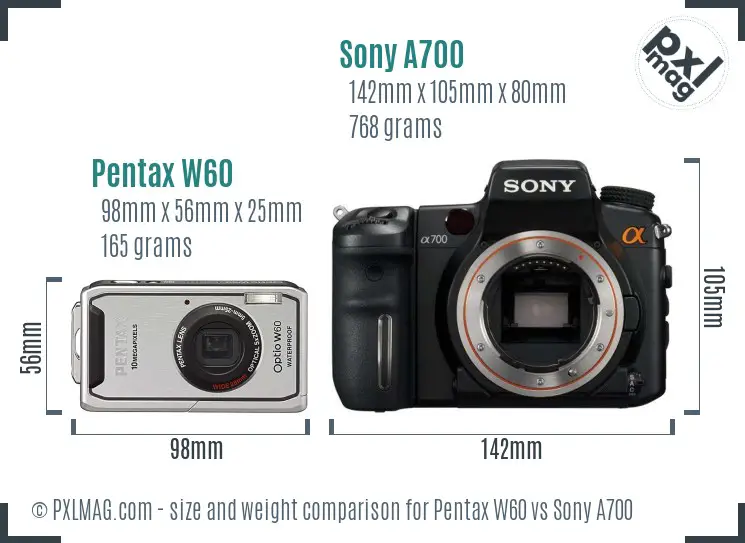 Pentax W60 vs Sony A700 size comparison