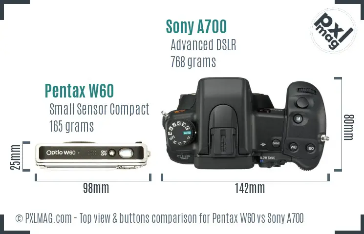 Pentax W60 vs Sony A700 top view buttons comparison