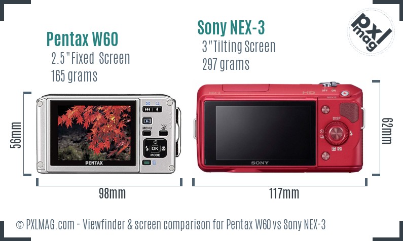 Pentax W60 vs Sony NEX-3 Screen and Viewfinder comparison