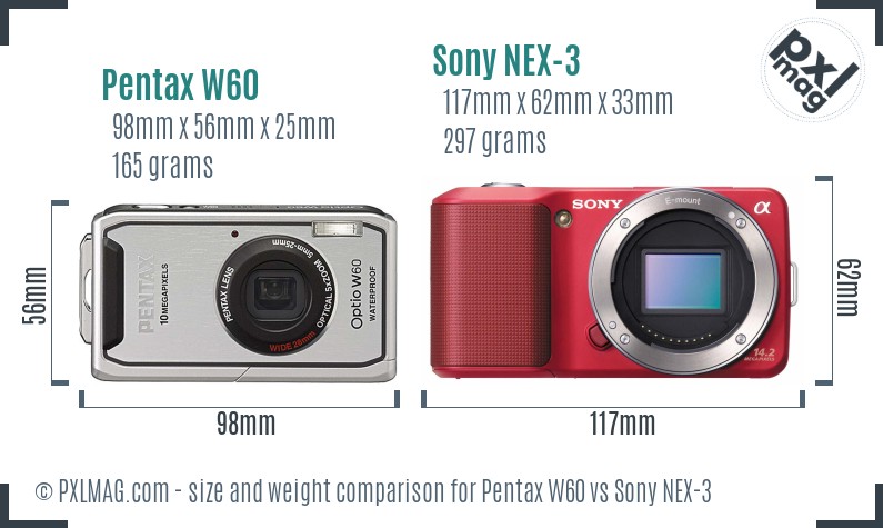 Pentax W60 vs Sony NEX-3 size comparison