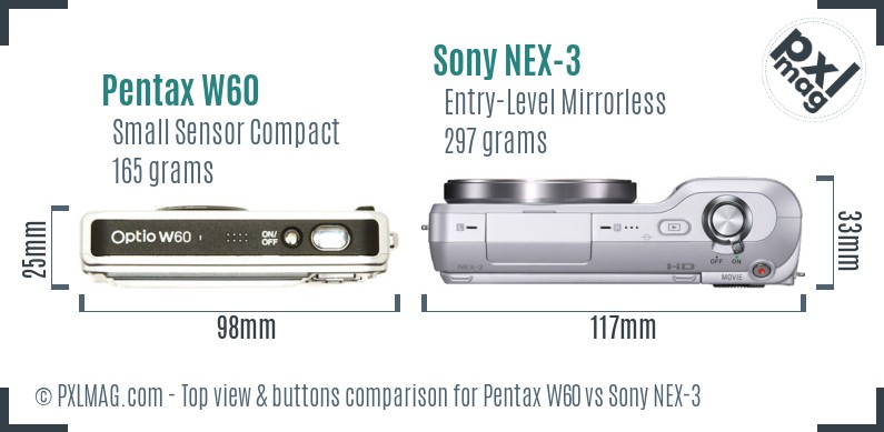 Pentax W60 vs Sony NEX-3 top view buttons comparison