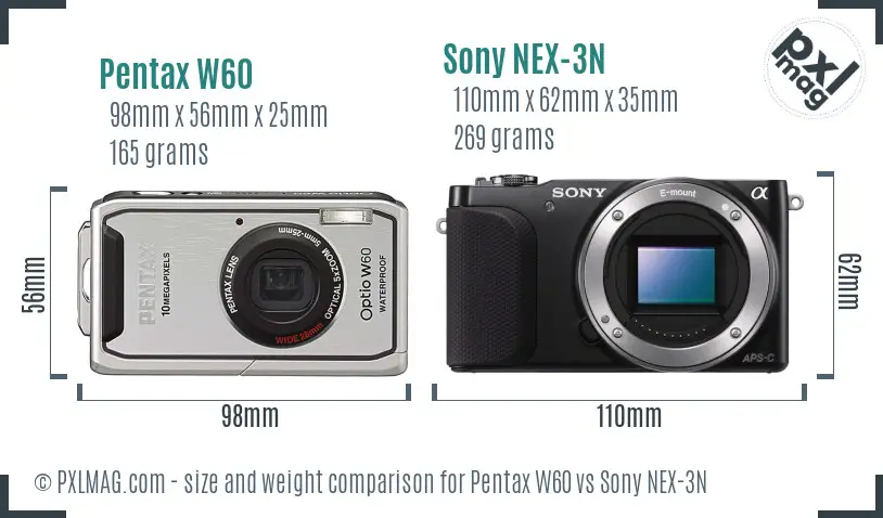 Pentax W60 vs Sony NEX-3N size comparison