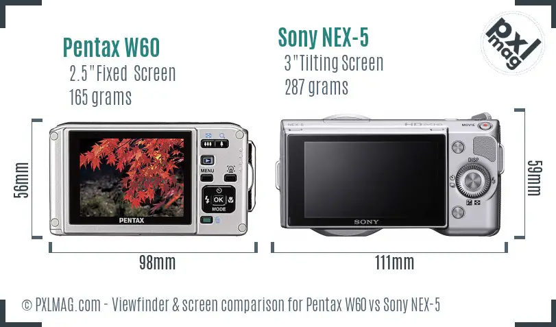 Pentax W60 vs Sony NEX-5 Screen and Viewfinder comparison