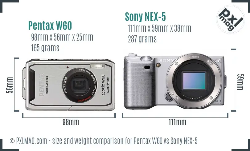 Pentax W60 vs Sony NEX-5 size comparison