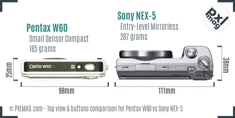Pentax W60 vs Sony NEX-5 top view buttons comparison