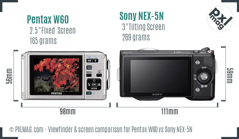 Pentax W60 vs Sony NEX-5N Screen and Viewfinder comparison