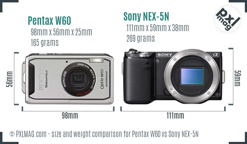 Pentax W60 vs Sony NEX-5N size comparison