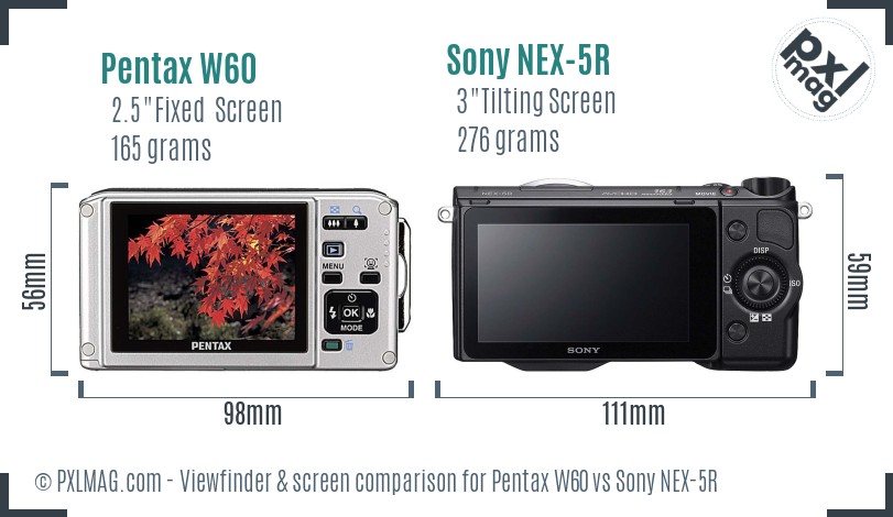 Pentax W60 vs Sony NEX-5R Screen and Viewfinder comparison