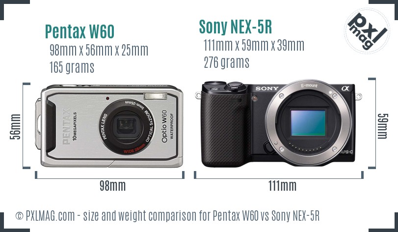 Pentax W60 vs Sony NEX-5R size comparison