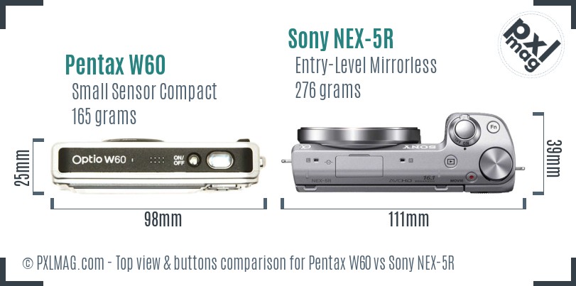 Pentax W60 vs Sony NEX-5R top view buttons comparison