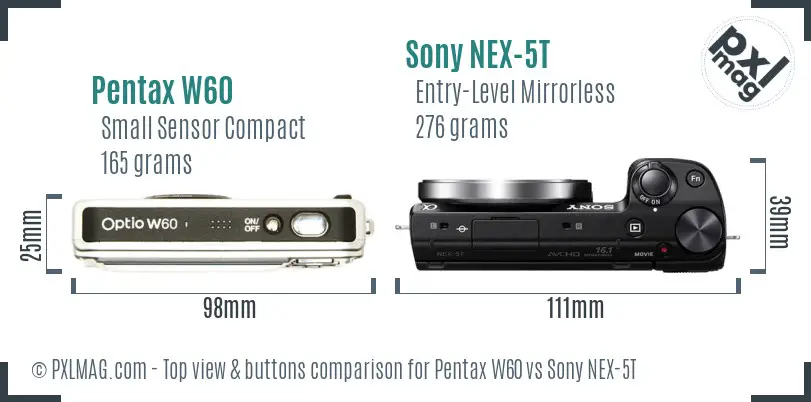 Pentax W60 vs Sony NEX-5T top view buttons comparison Pentax W60 vs Sony NEX-5T top view buttons comparison