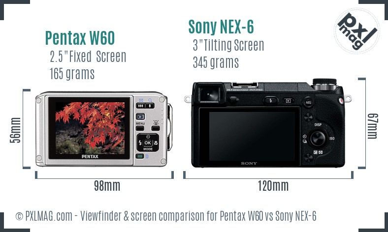 Pentax W60 vs Sony NEX-6 Screen and Viewfinder comparison