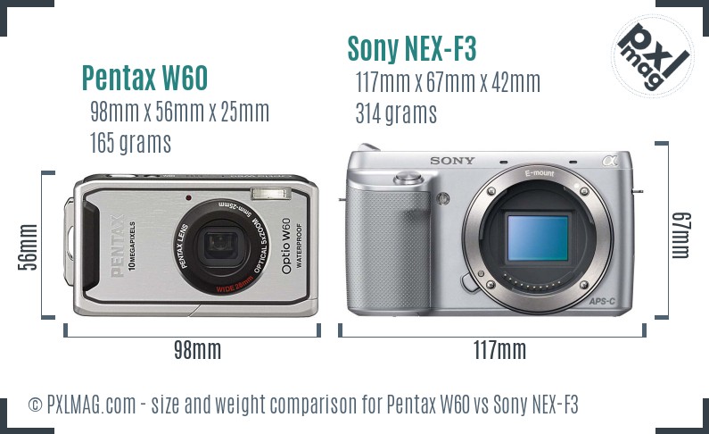 Pentax W60 vs Sony NEX-F3 size comparison