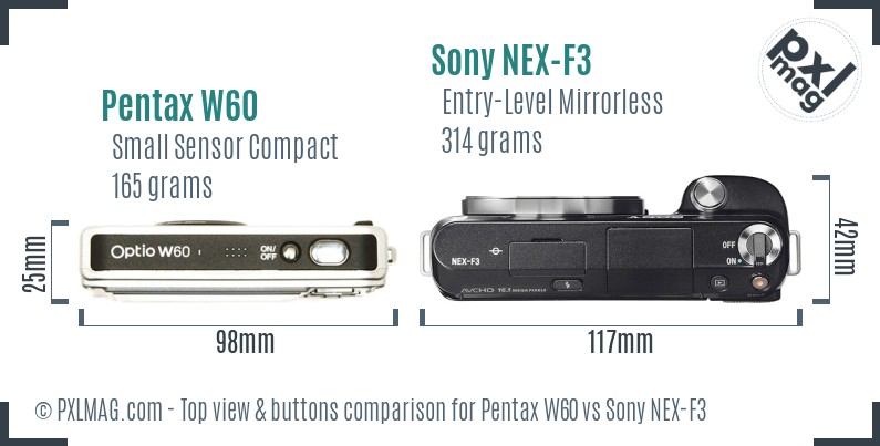 Pentax W60 vs Sony NEX-F3 top view buttons comparison