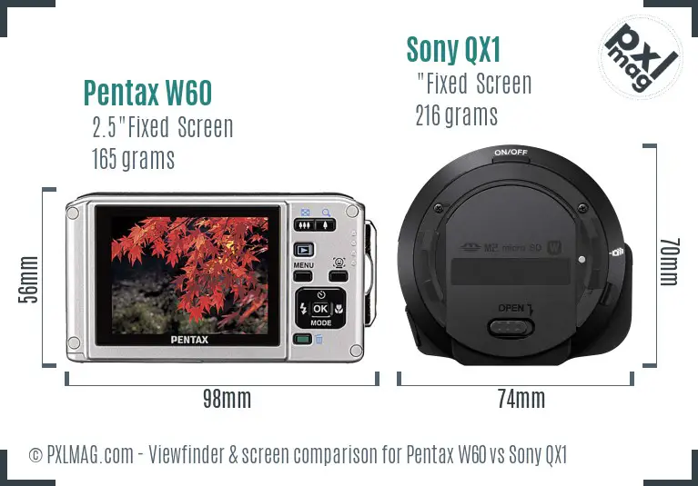 Pentax W60 vs Sony QX1 Screen and Viewfinder comparison
